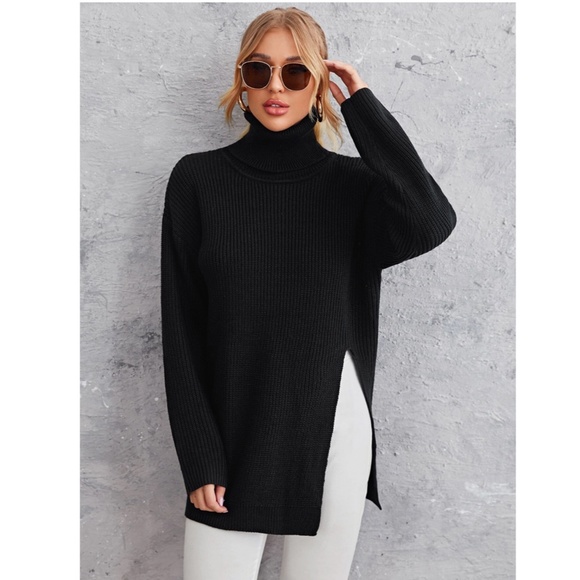 Rouge! Sweaters - Black Cable Knit Long Turtleneck Sweater Side Cut, Slit Long Sleeves